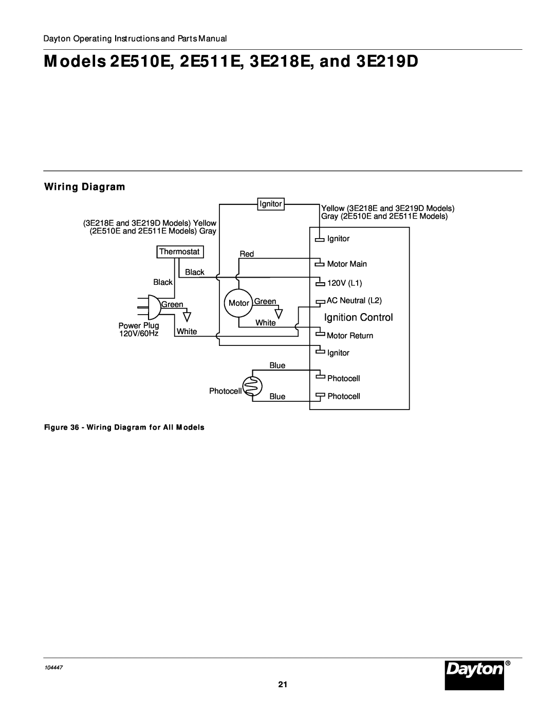 Dayton specifications Wiring Diagram, Models 2E510E, 2E511E, 3E218E, and 3E219D, Ignition Control 