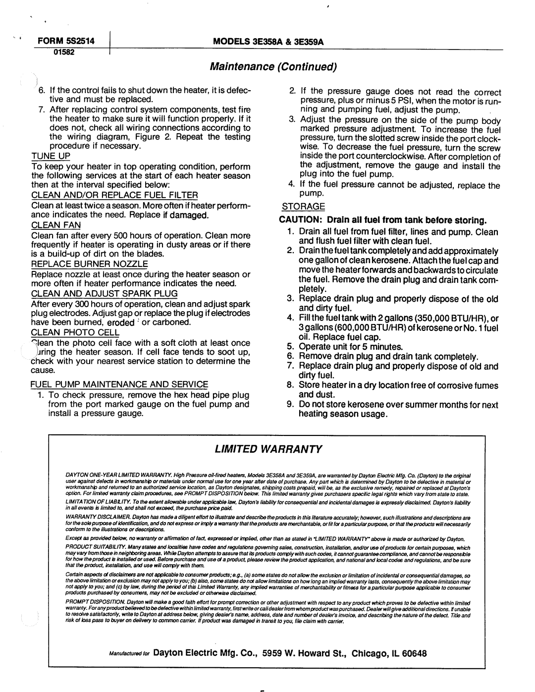 Dayton 3E358A, 3E359A manual 