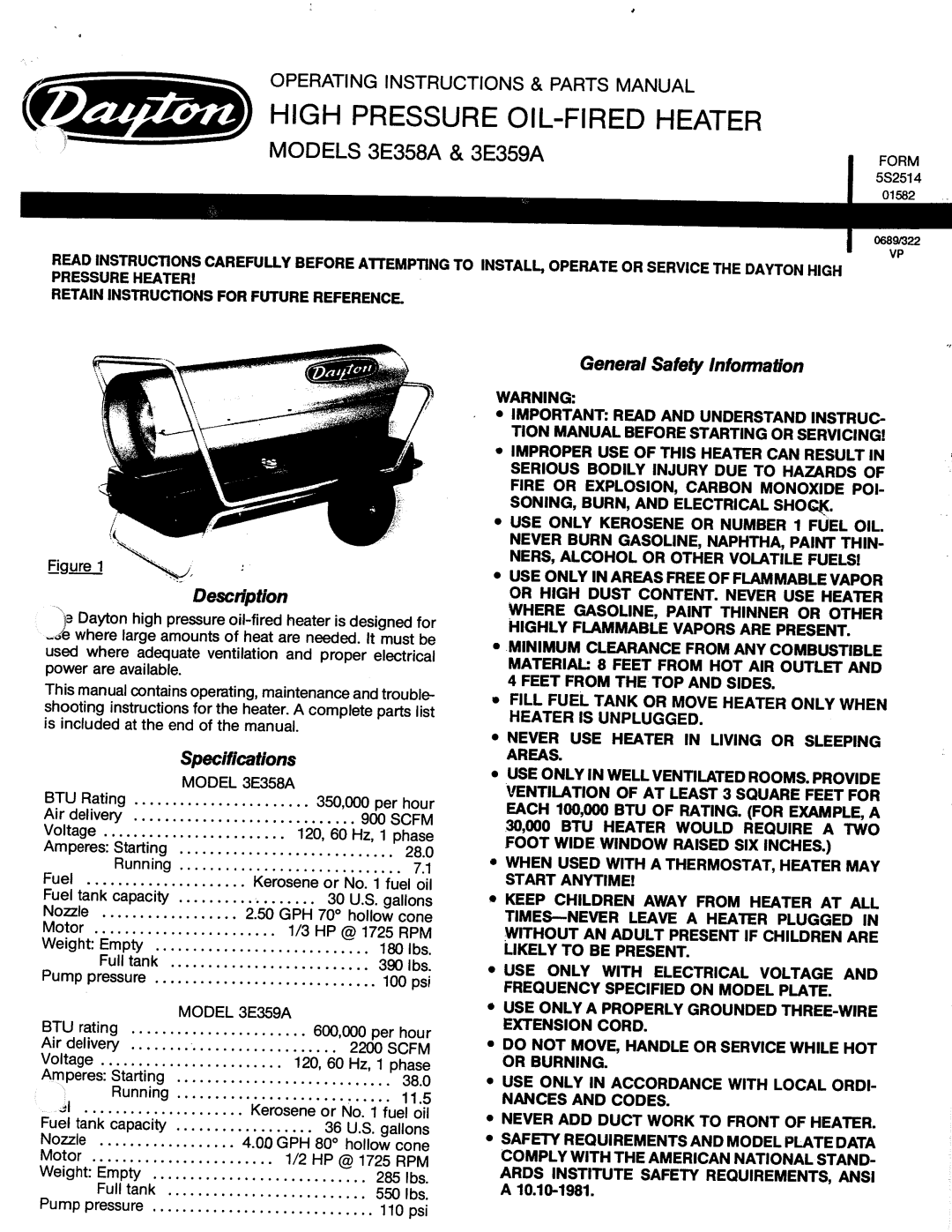 Dayton 3E358A, 3E359A manual 