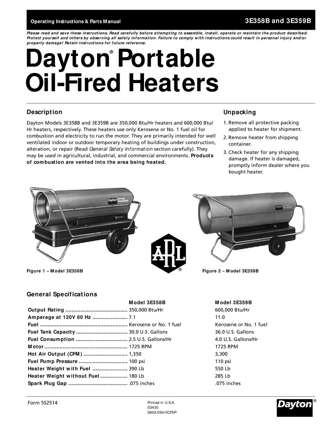 Dayton 3E358B, 3E359B specifications Description, Unpacking, General Specifications 