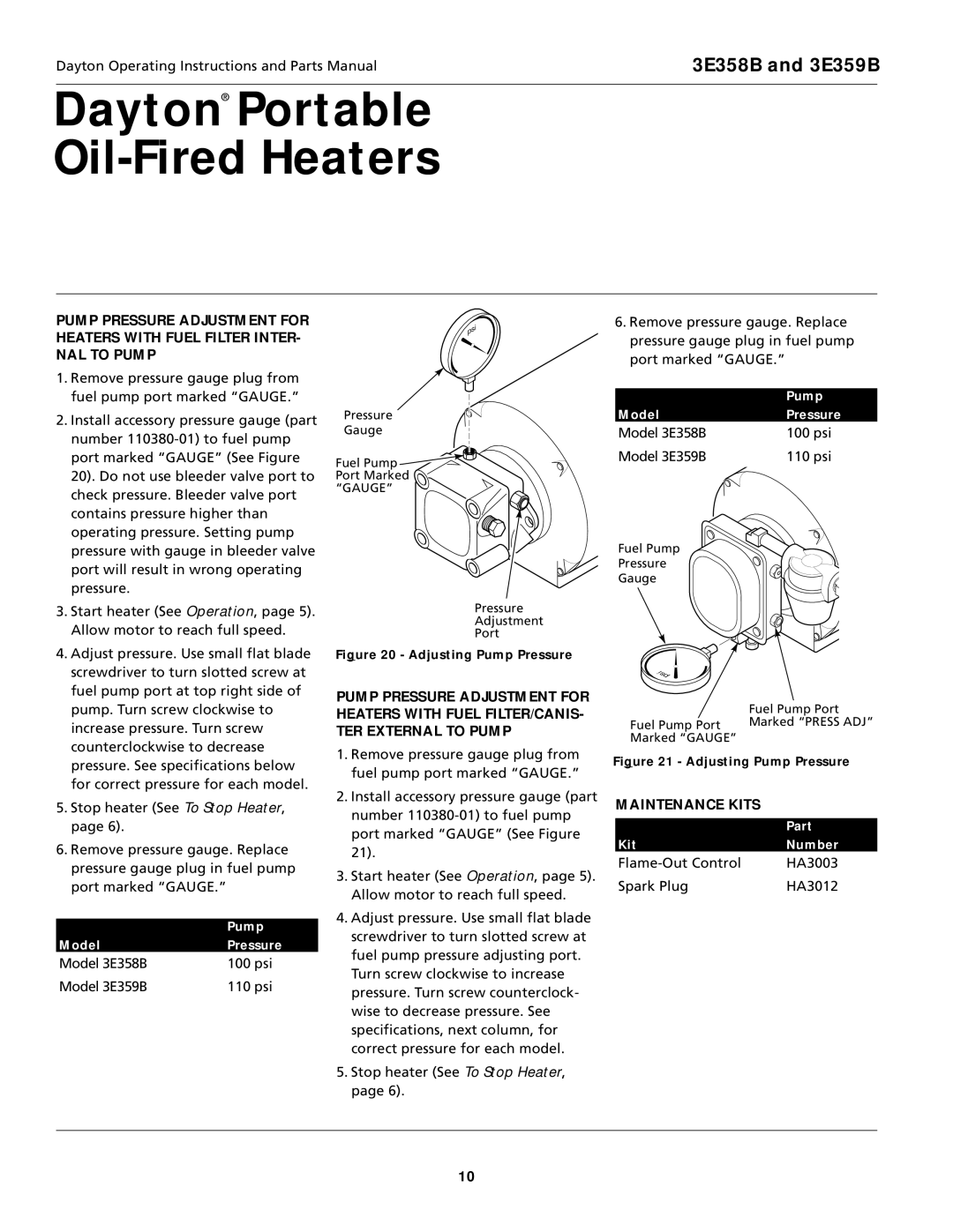 Dayton 3E359B, 3E358B specifications Maintenance Kits, Adjusting Pump Pressure 