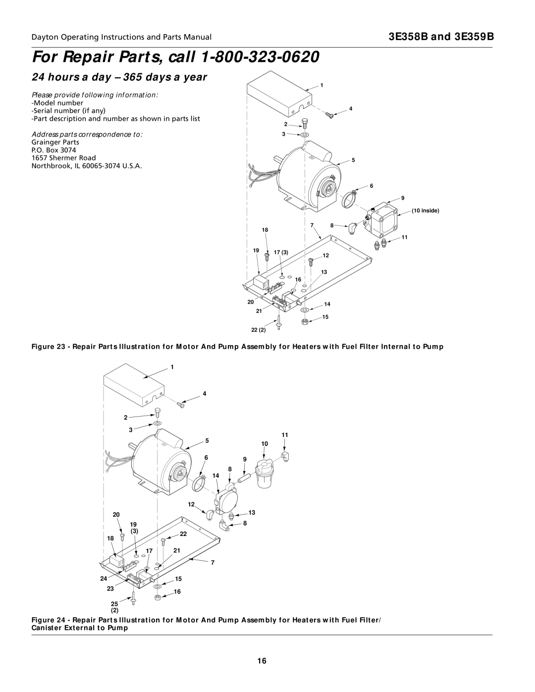 Dayton 3E359B, 3E358B specifications For Repair Parts, call 