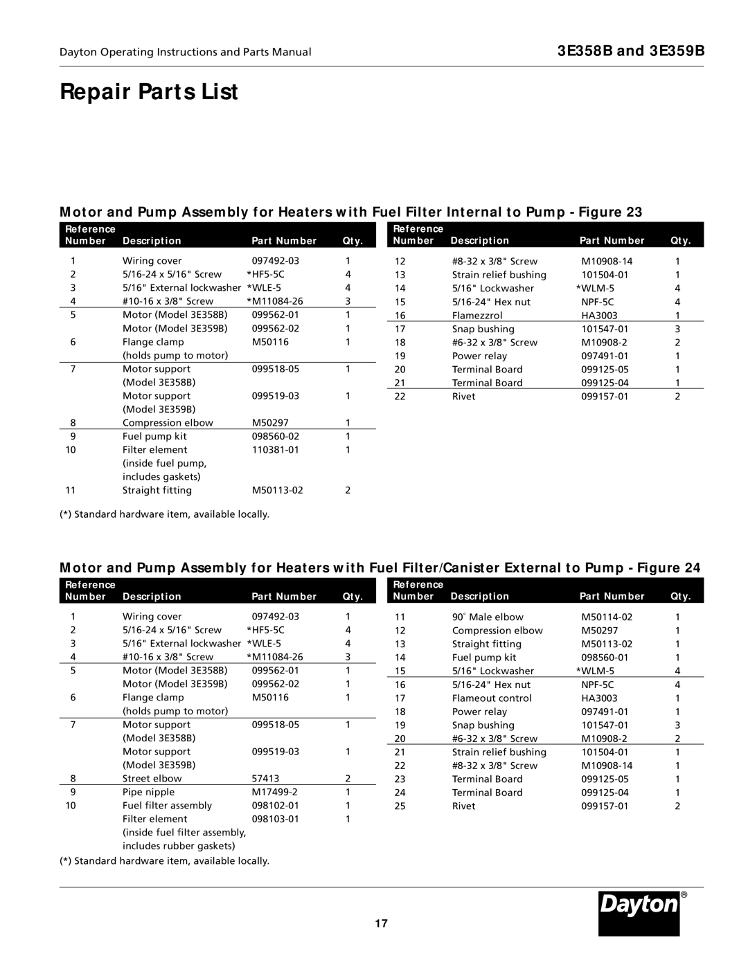 Dayton 3E358B, 3E359B specifications Repair Parts List 