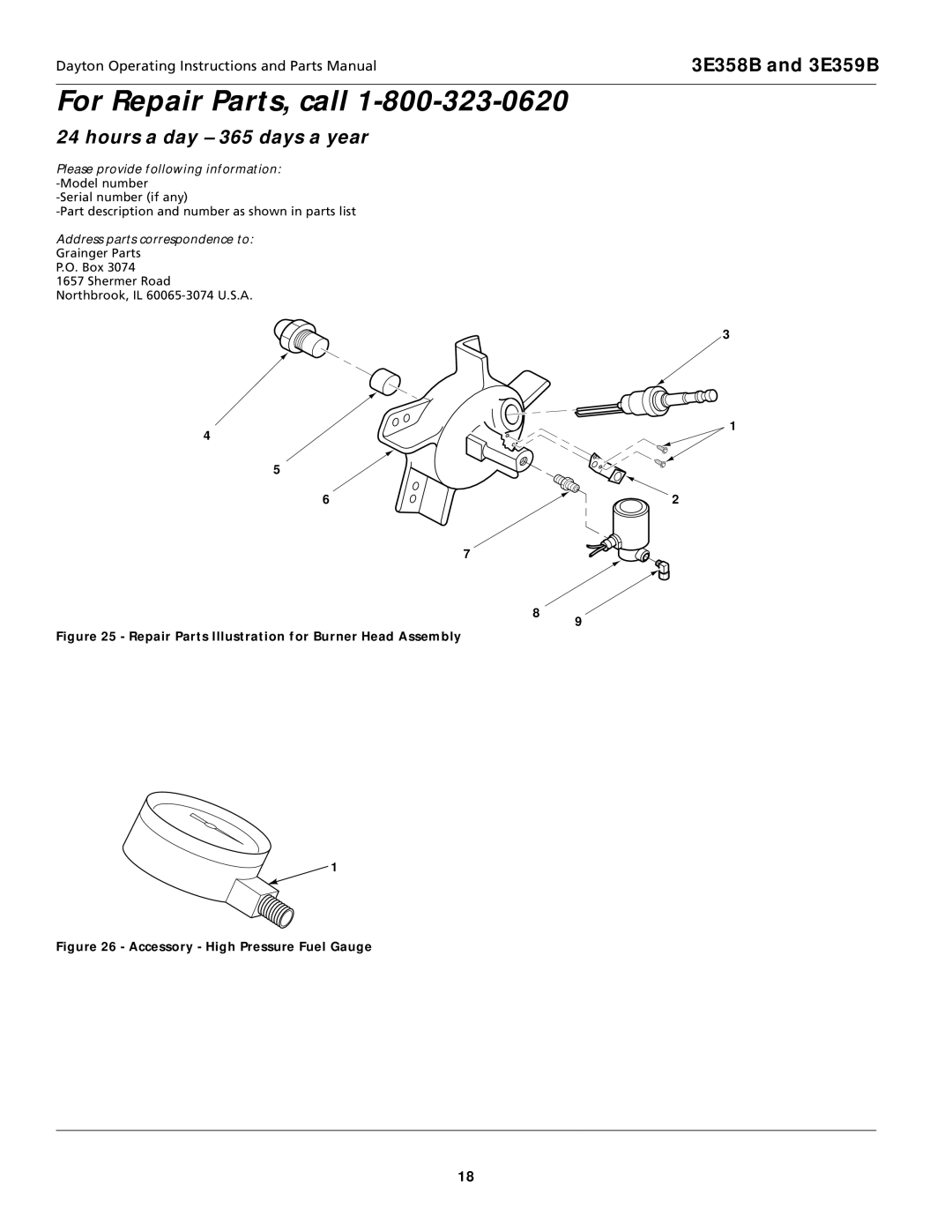 Dayton 3E359B, 3E358B specifications Repair Parts Illustration for Burner Head Assembly 