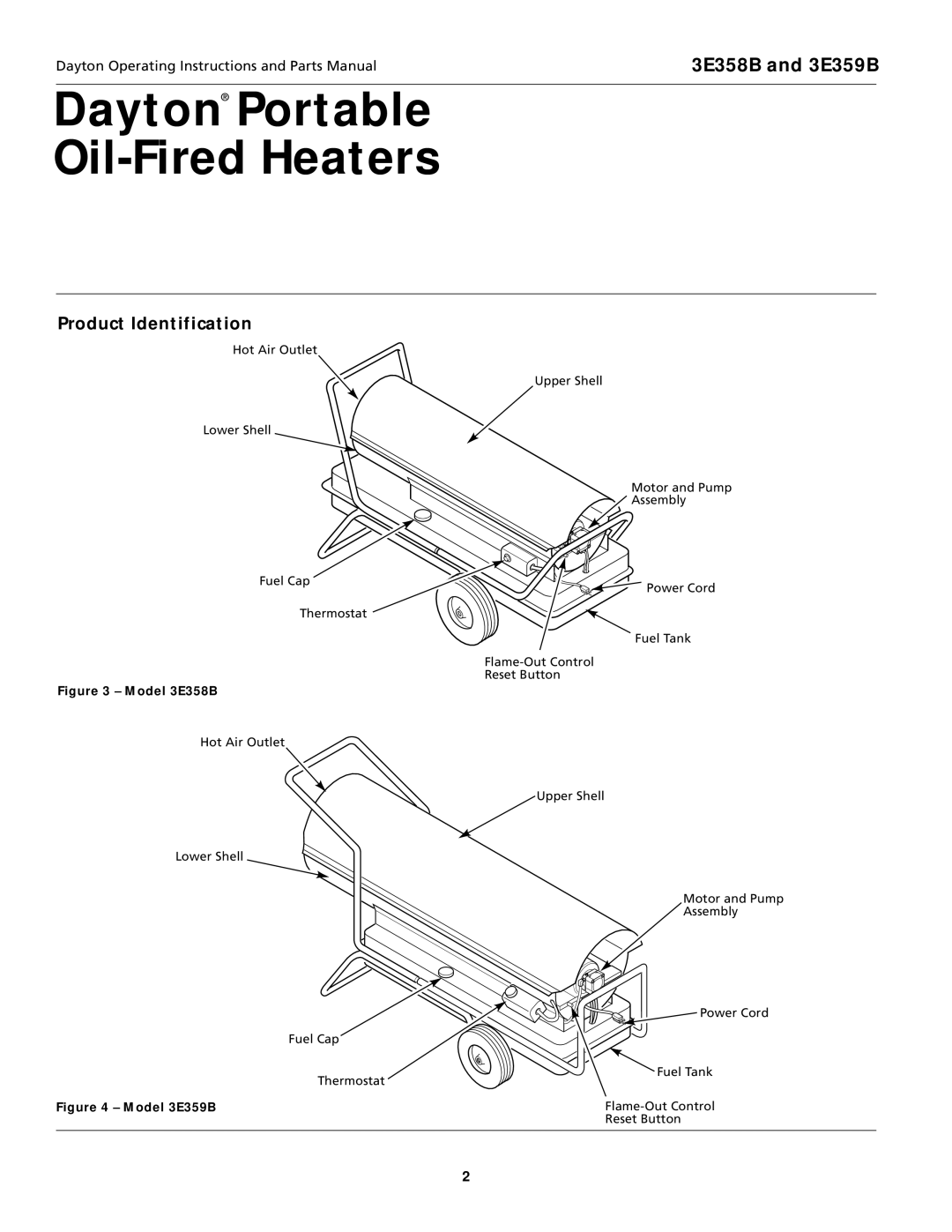 Dayton 3E359B, 3E358B specifications Dayton Portable Oil-Fired Heaters, Product Identification 