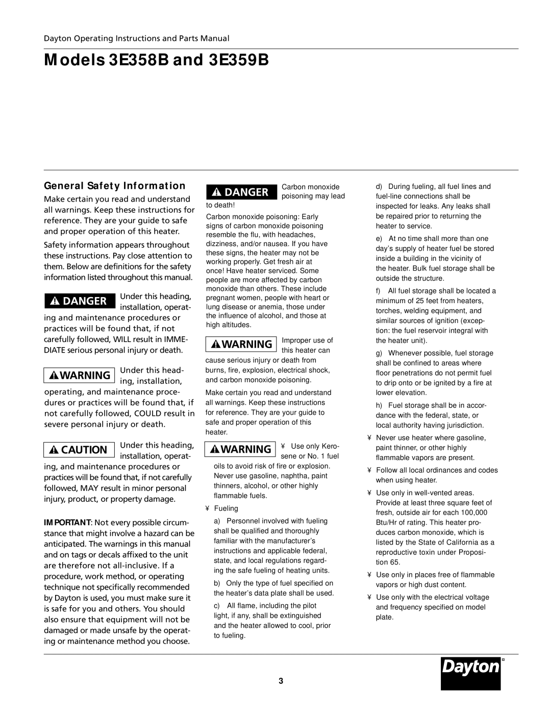 Dayton specifications Models 3E358B and 3E359B, General Safety Information 