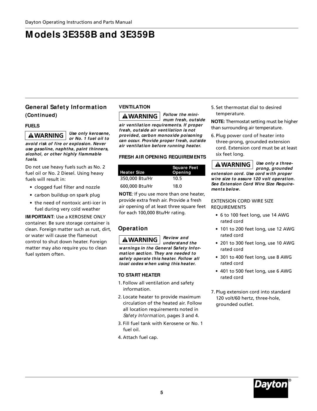 Dayton 3E358B, 3E359B specifications Operation, Fuels, Ventilation, Fresh AIR Opening Requirements, To Start Heater 