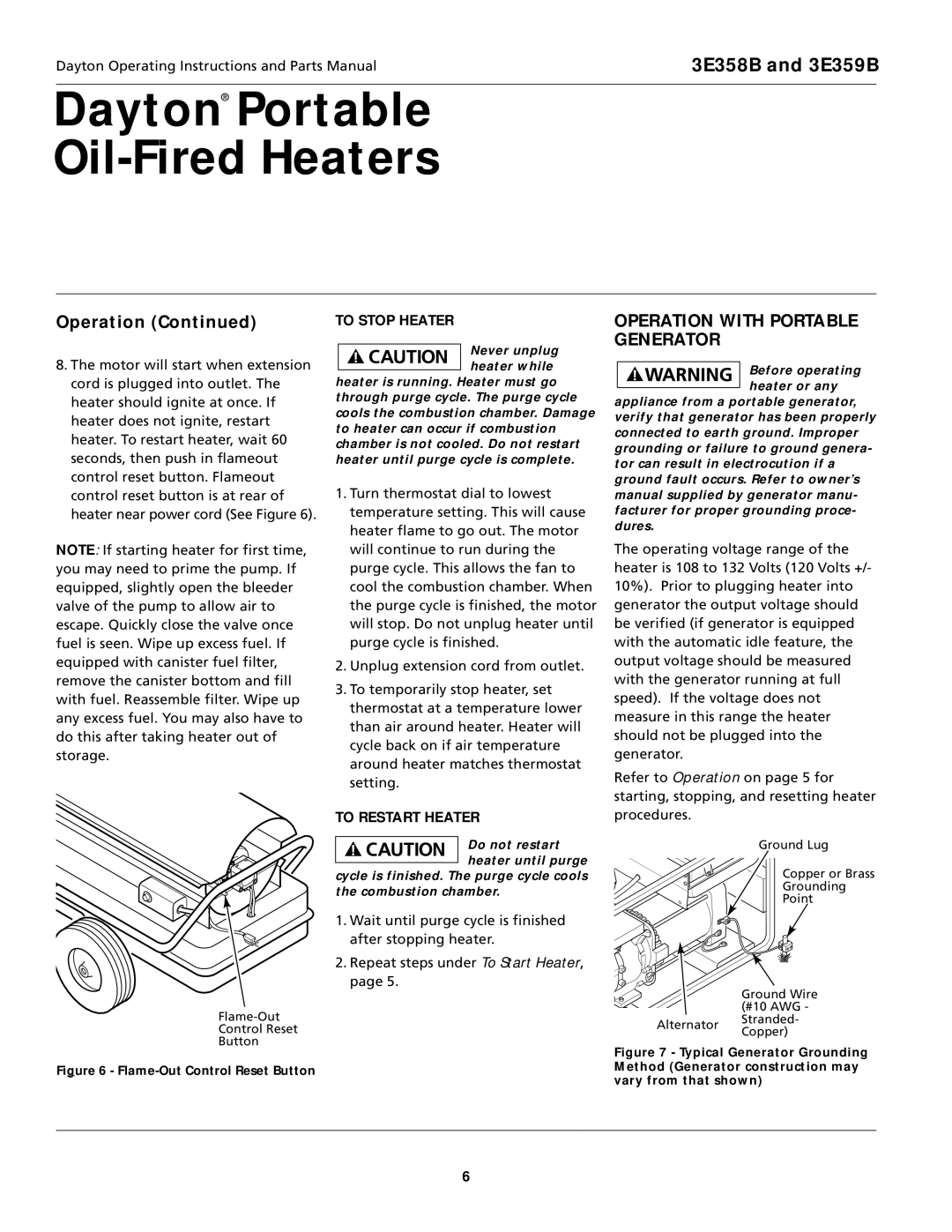 Dayton 3E359B, 3E358B specifications To Stop Heater, To Restart Heater 