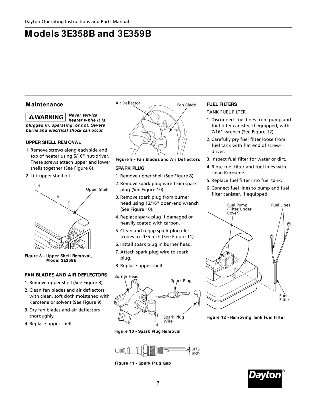 Dayton 3E358B, 3E359B Maintenance, Fuel Filters, Upper Shell Removal, FAN Blades and AIR Deflectors, Spark Plug 