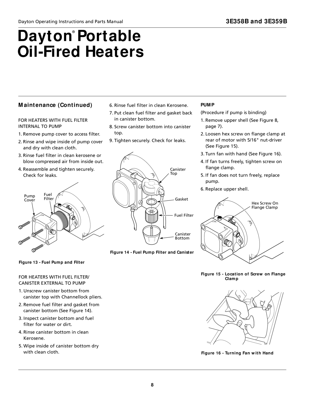 Dayton 3E359B, 3E358B specifications For Heaters with Fuel Filter Internal to Pump 