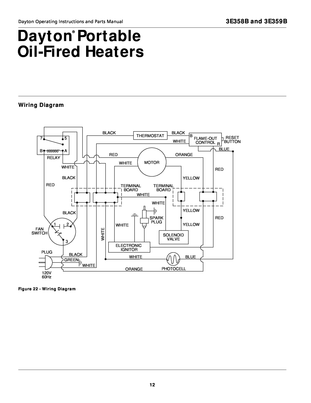 Dayton specifications Dayton Portable Oil-FiredHeaters, 3E358B and 3E359B, Wiring Diagram 
