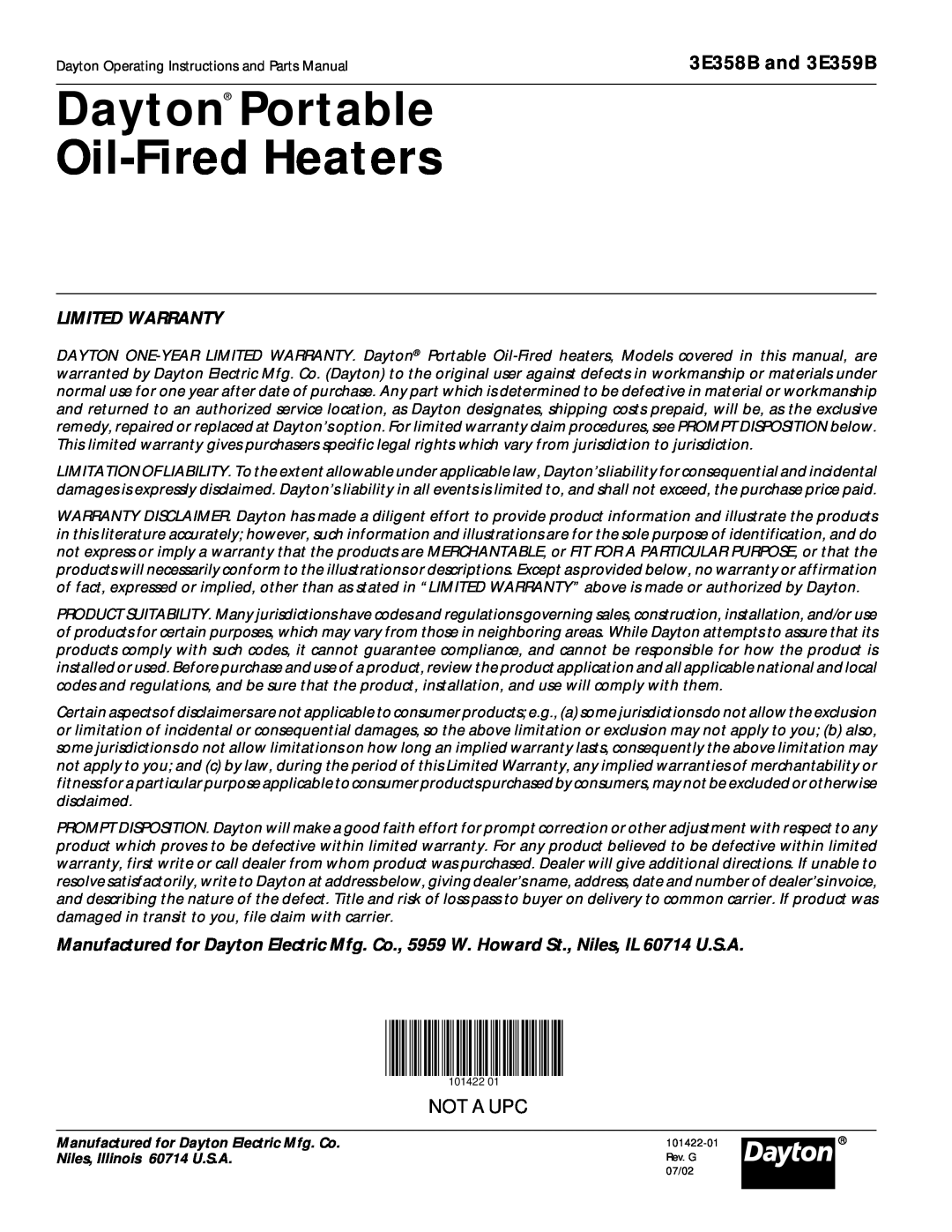Dayton specifications Limited Warranty, Dayton Portable Oil-FiredHeaters, 3E358B and 3E359B, Not A Upc 