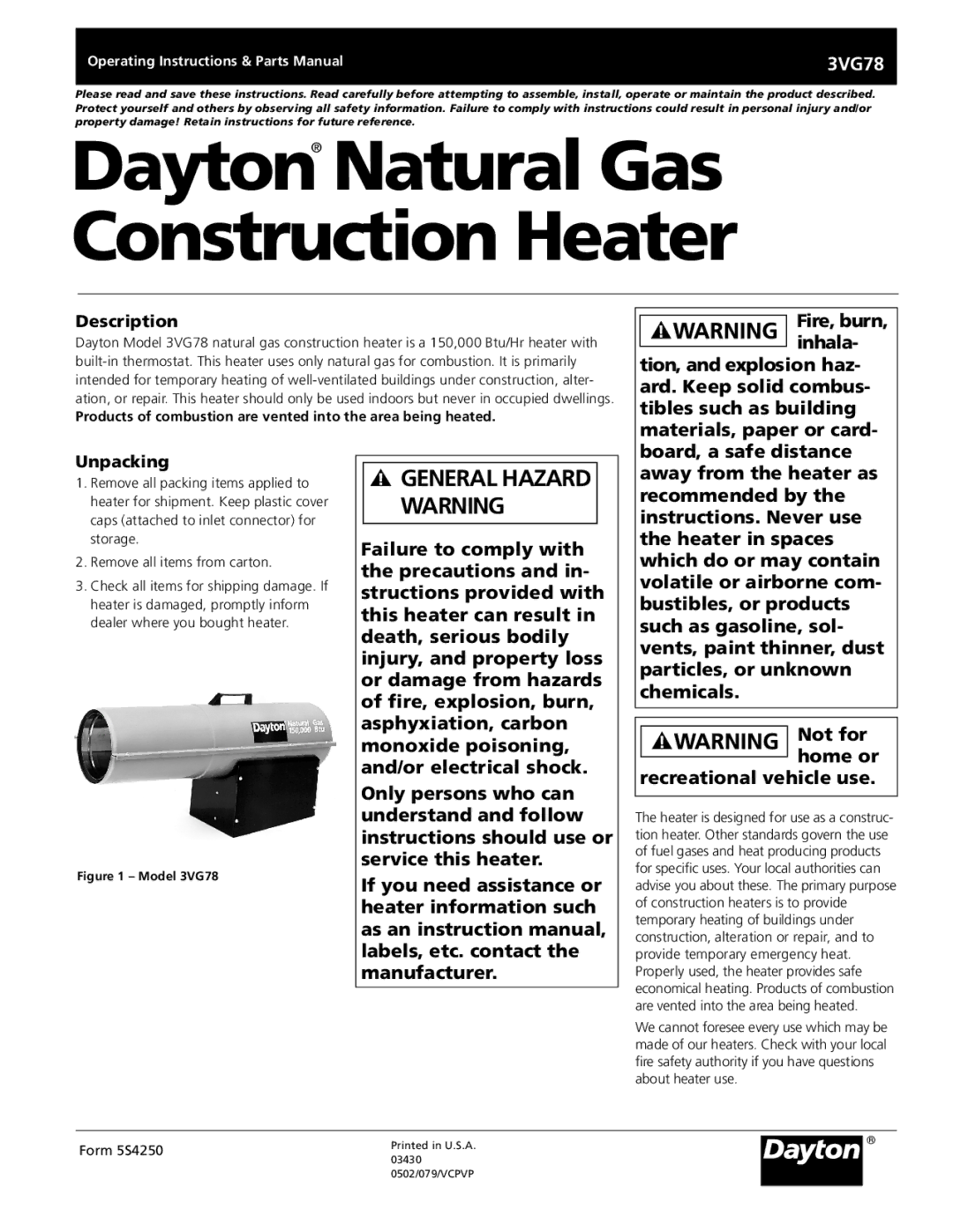 Dayton 3VG78 instruction manual Description, Unpacking 