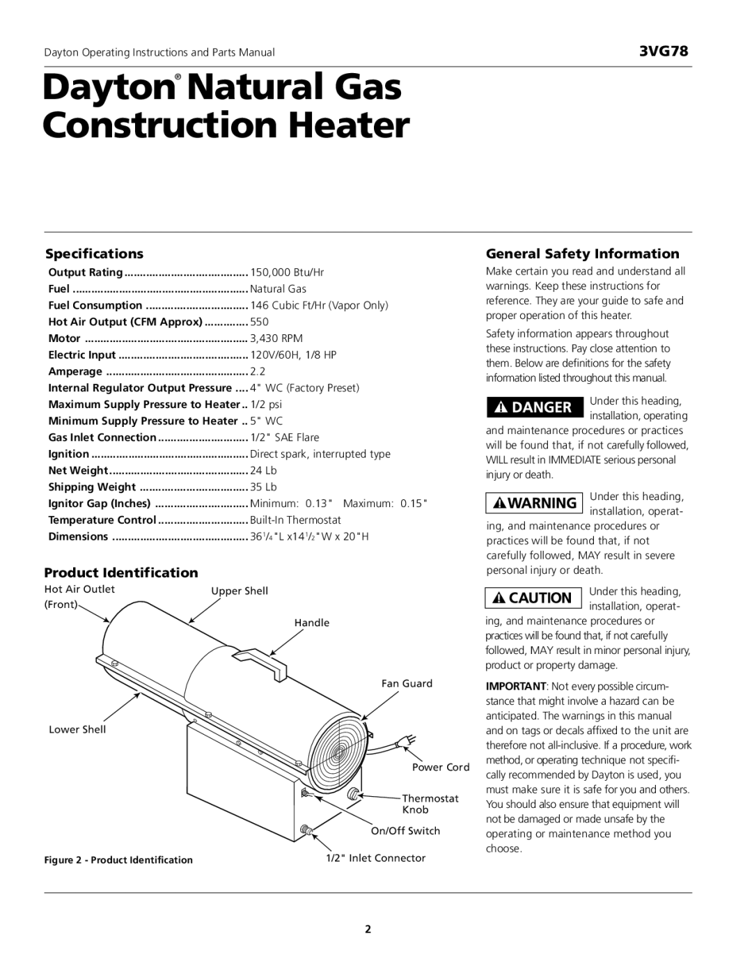 Dayton 3VG78 instruction manual Specifications, Product Identification, General Safety Information 