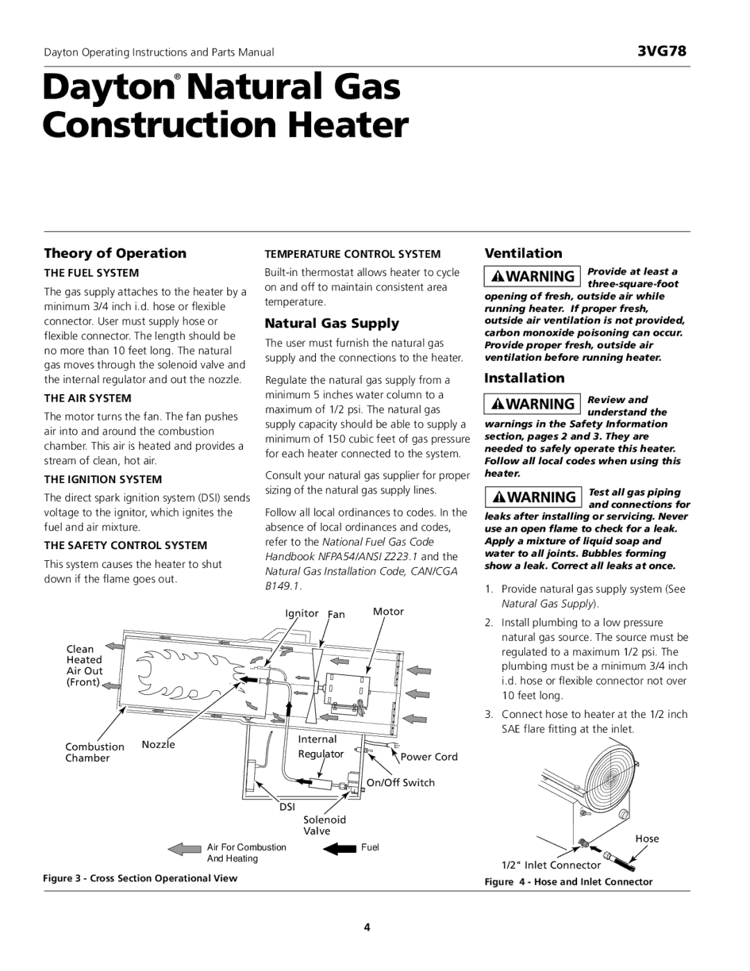 Dayton 3VG78 instruction manual Theory of Operation, Natural Gas Supply, Ventilation, Installation 