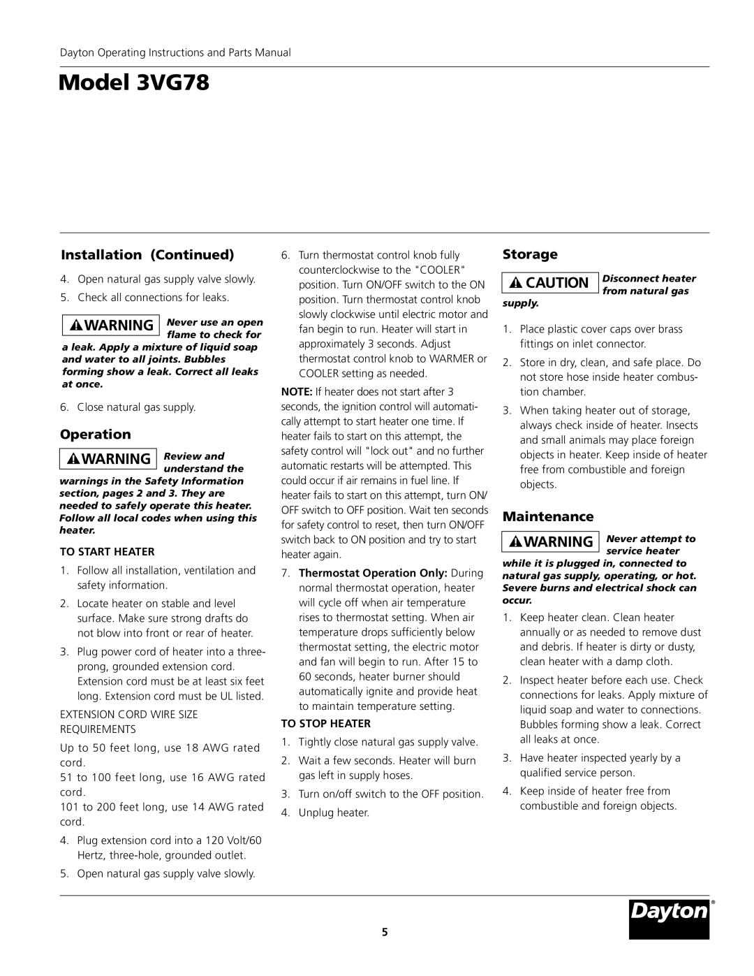 Dayton 3VG78 instruction manual Operation, Storage, Maintenance, To Start Heater, To Stop Heater 