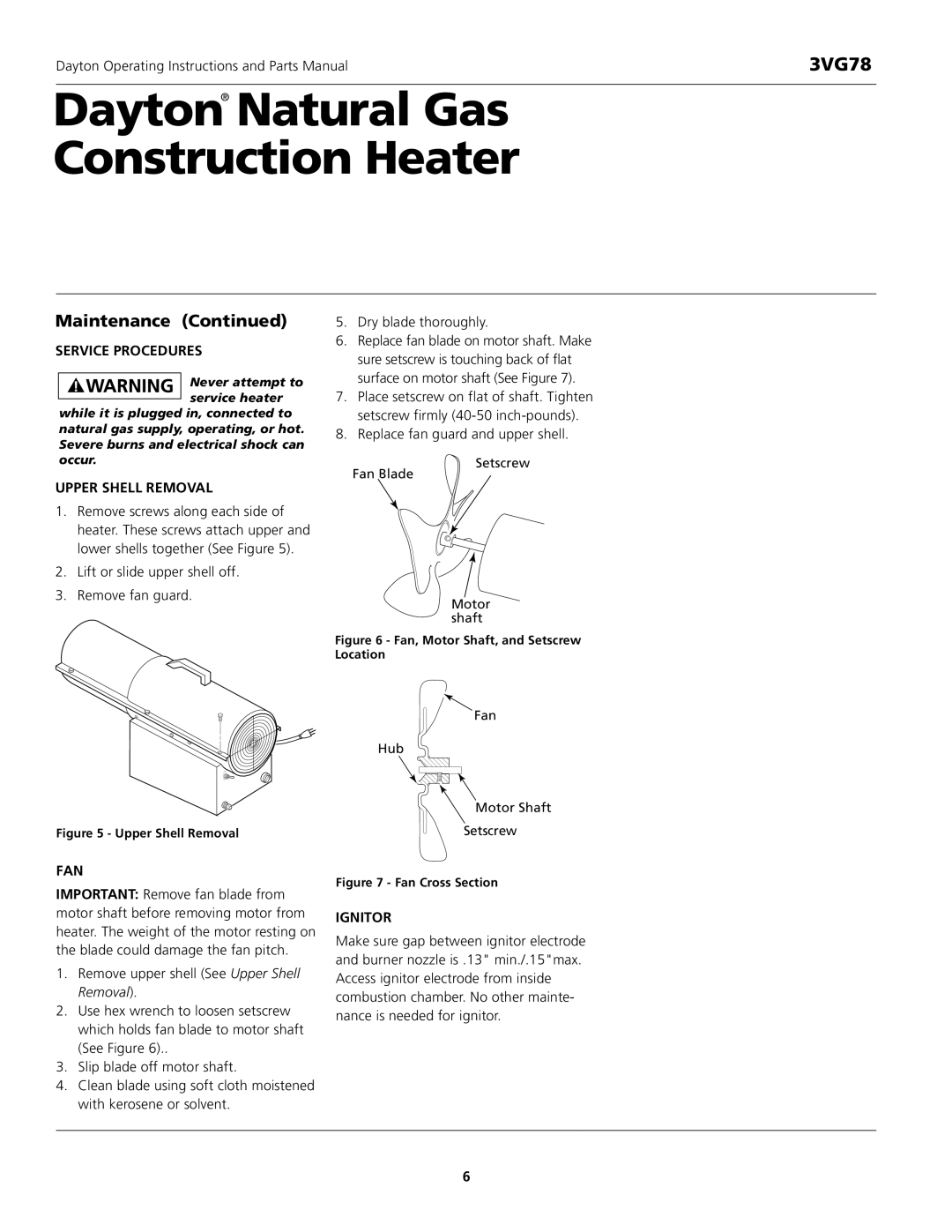 Dayton 3VG78 instruction manual Service Procedures, Upper Shell Removal, Fan, Ignitor 