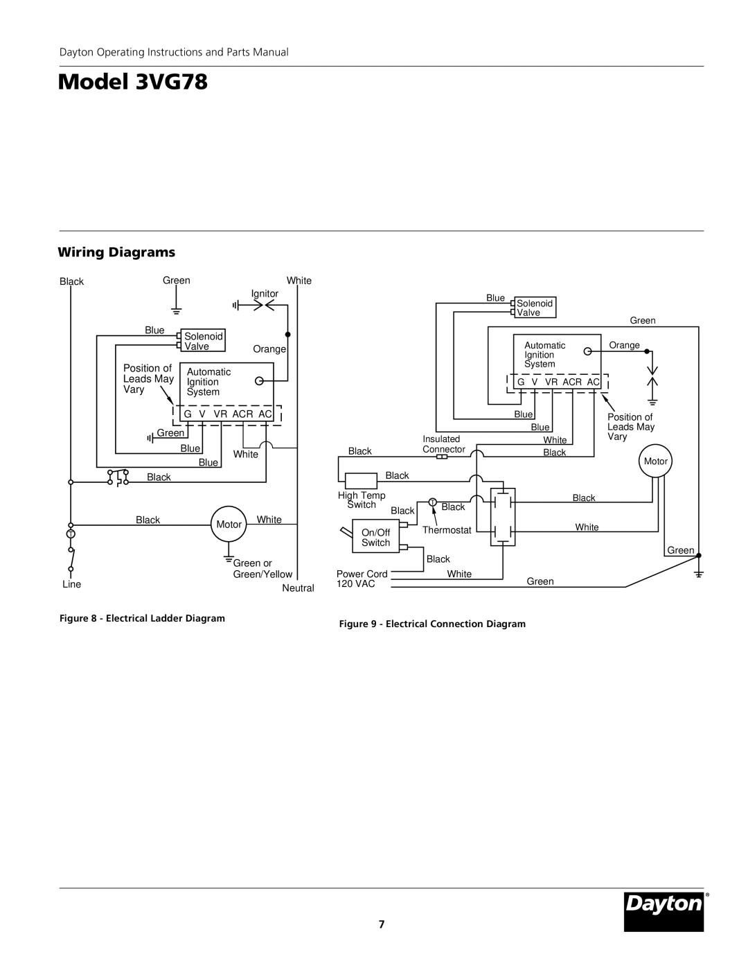 Dayton 3VG78 instruction manual Wiring Diagrams, Vr Acr Ac 