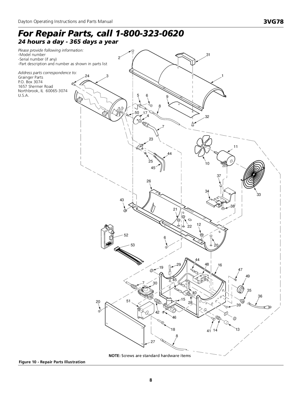 Dayton 3VG78 instruction manual For Repair Parts, call 