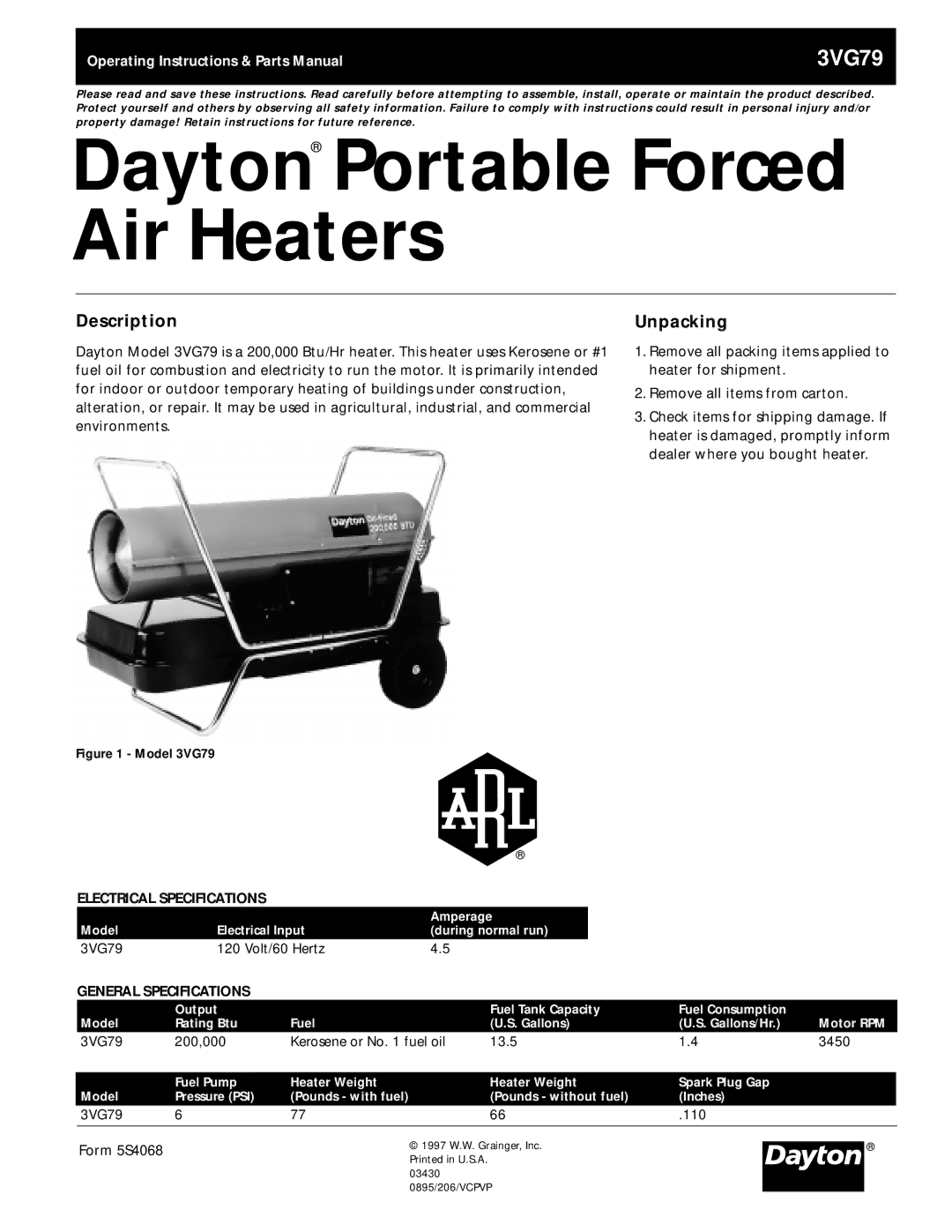 Dayton 3VG79 operating instructions Description, Unpacking, General Specifications 