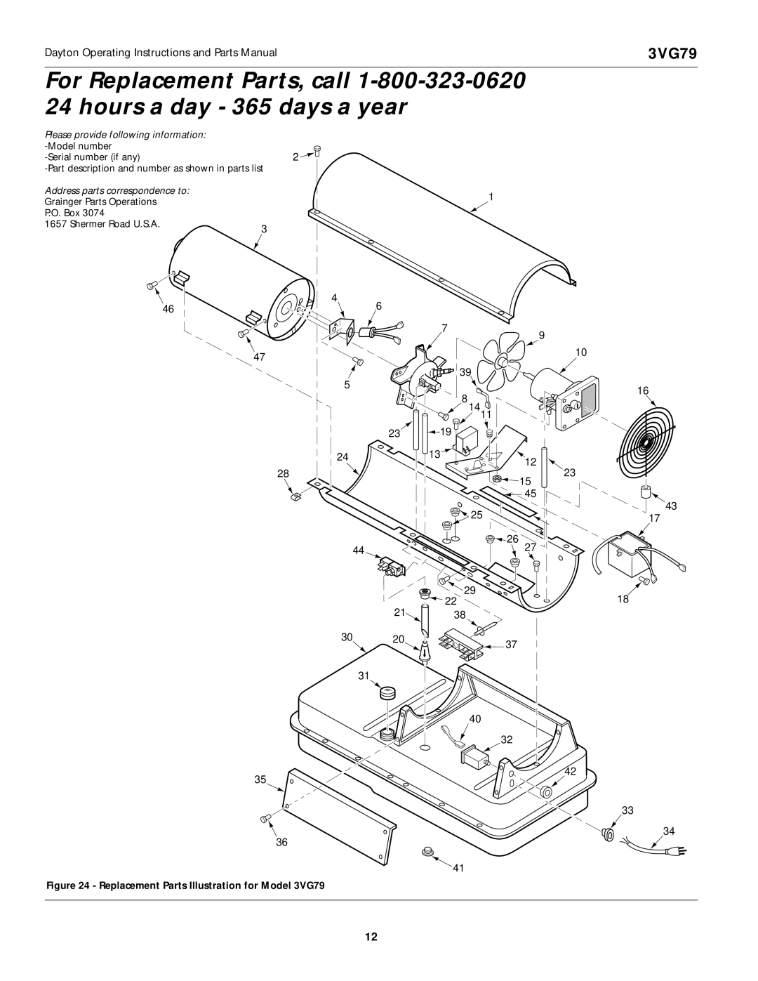 Dayton operating instructions Replacement Parts Illustration for Model 3VG79 