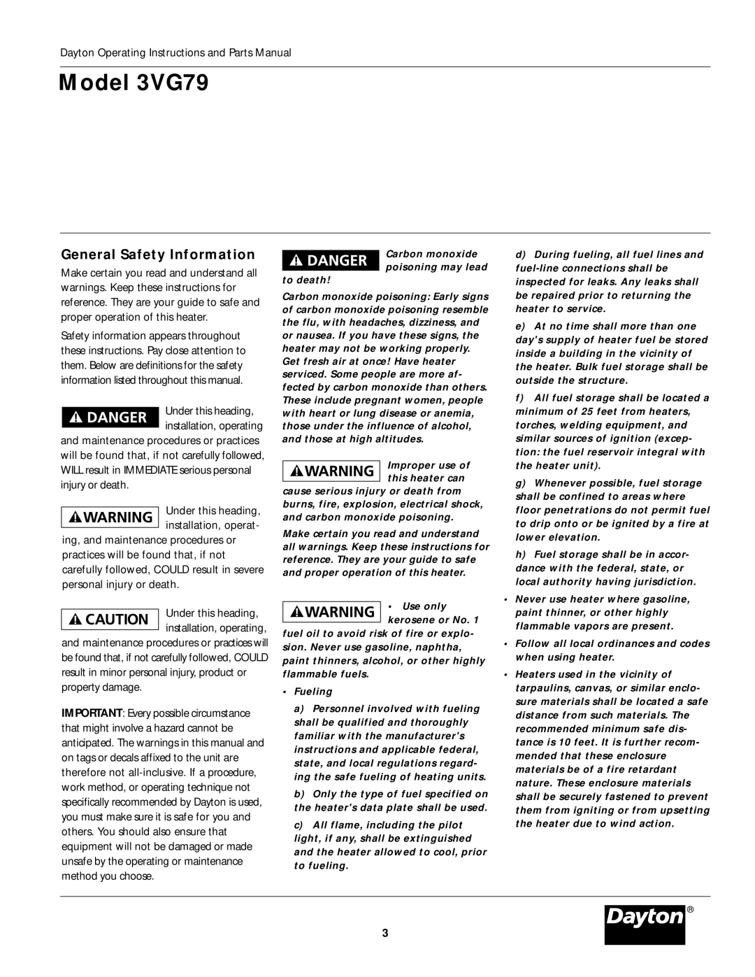 Dayton operating instructions Model 3VG79, General Safety Information 