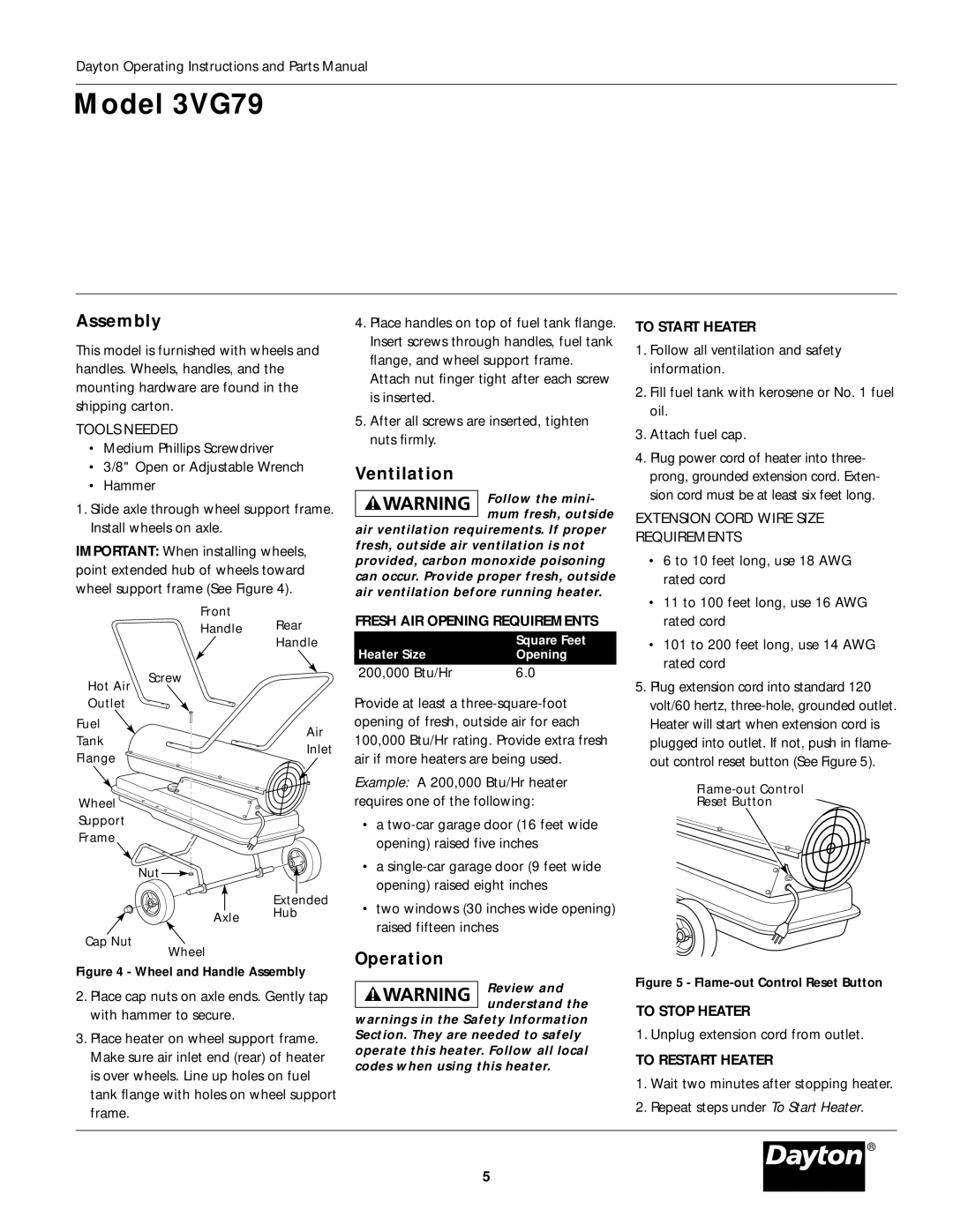 Dayton 3VG79 operating instructions Assembly, Ventilation, Operation 