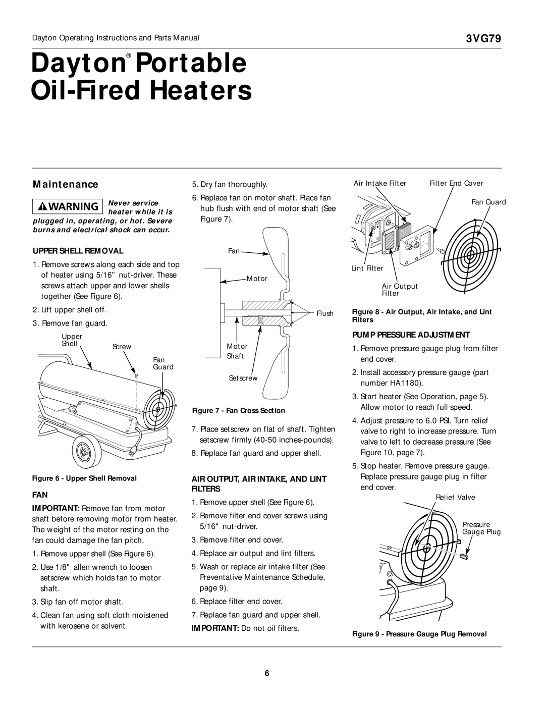 Dayton 3VG79 Maintenance, Upper Shell Removal, Pump Pressure Adjustment, Fan, AIR OUTPUT, AIR INTAKE, and Lint Filters 