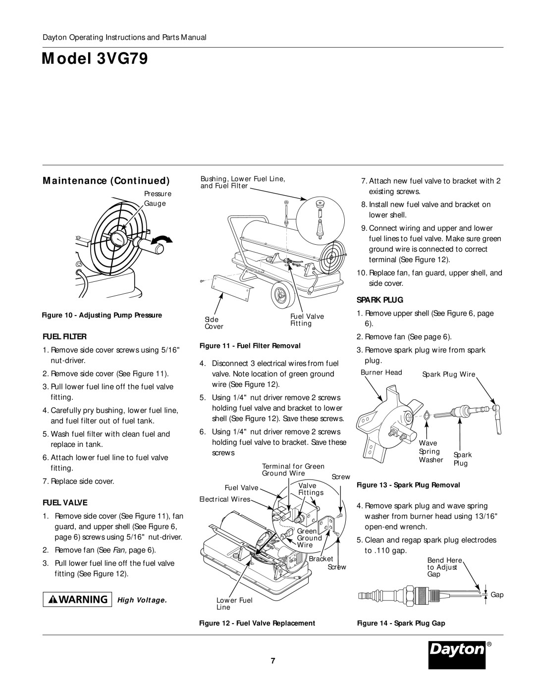 Dayton 3VG79 operating instructions Fuel Filter, Fuel Valve, Spark Plug 