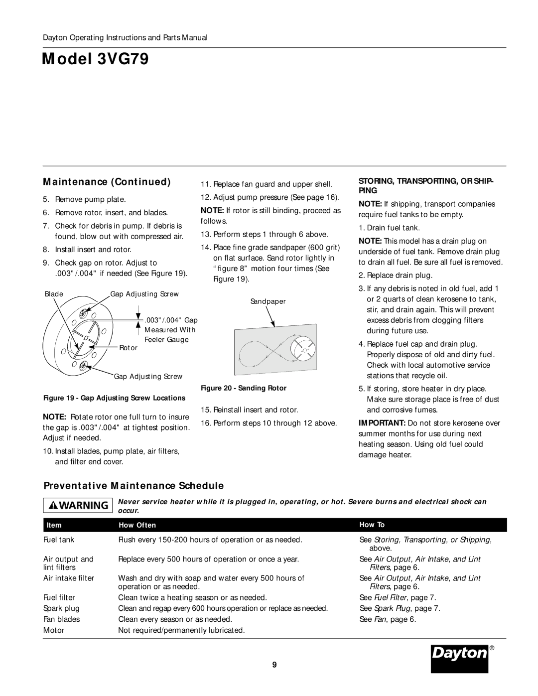 Dayton 3VG79 operating instructions Preventative Maintenance Schedule, STORING, TRANSPORTING, or SHIP- Ping 