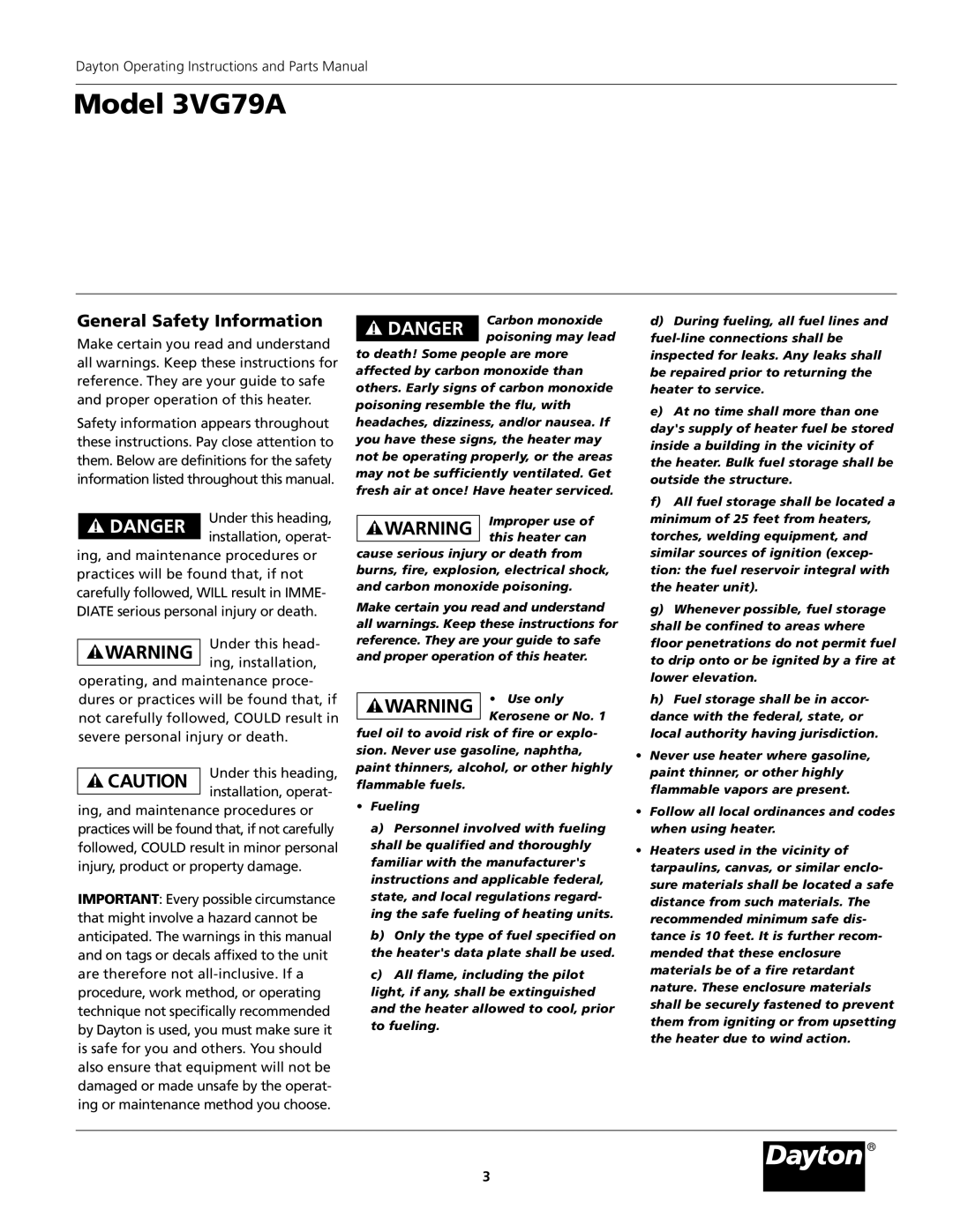 Dayton specifications Model 3VG79A, General Safety Information 