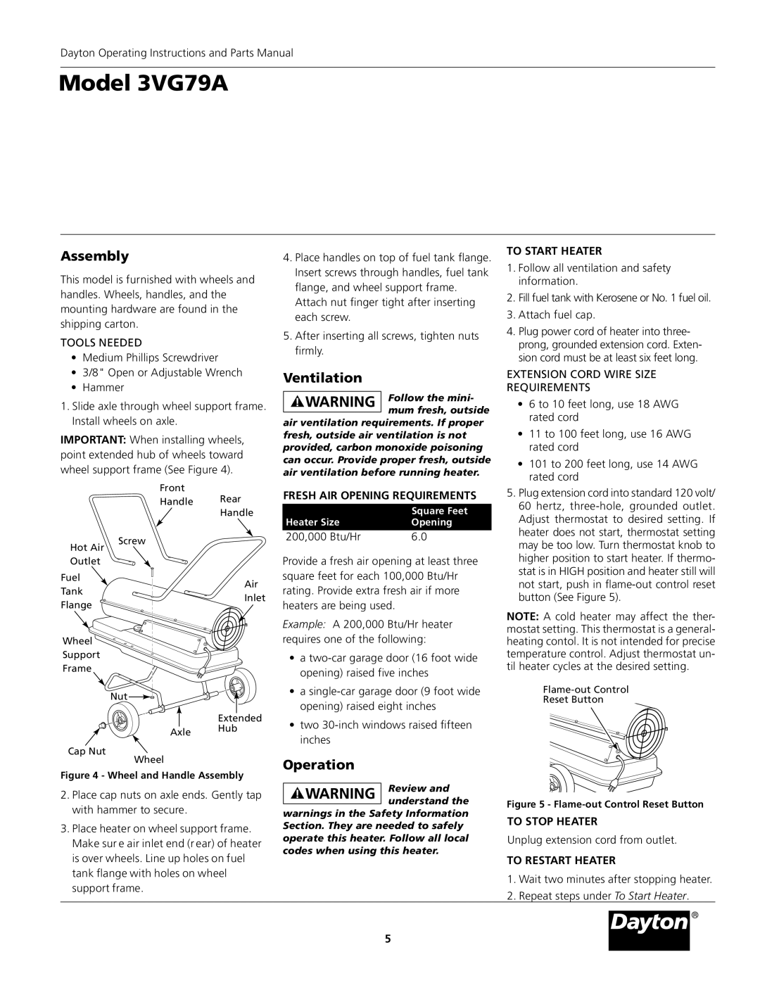 Dayton 3VG79A specifications Assembly, Ventilation, Operation 