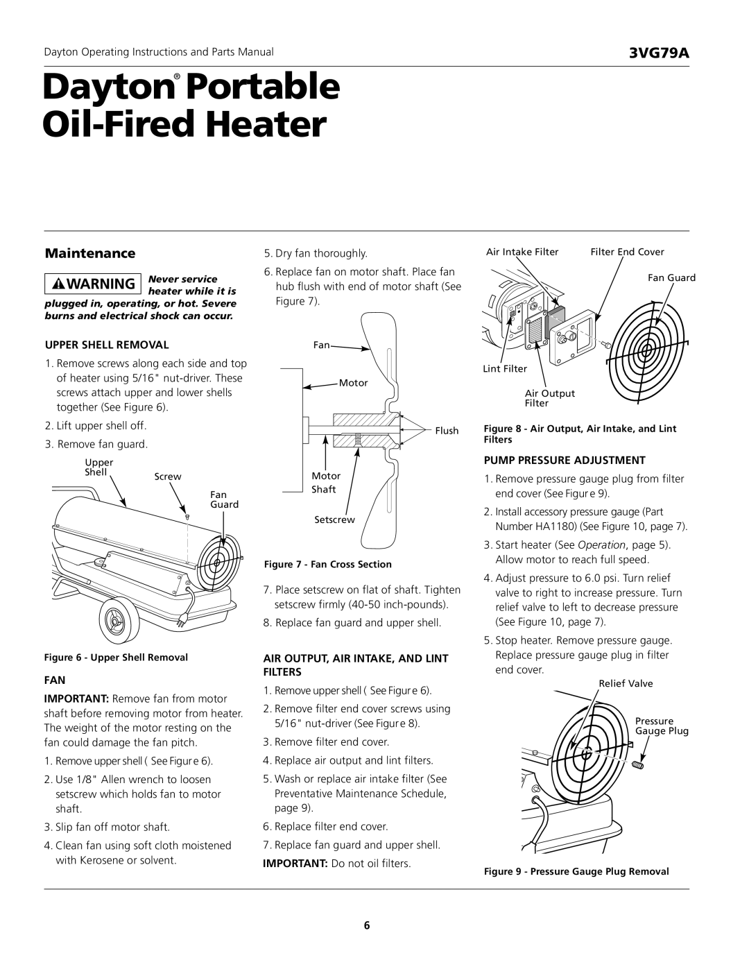 Dayton 3VG79A Maintenance, Upper Shell Removal, Pump Pressure Adjustment, Fan, AIR OUTPUT, AIR INTAKE, and Lint Filters 