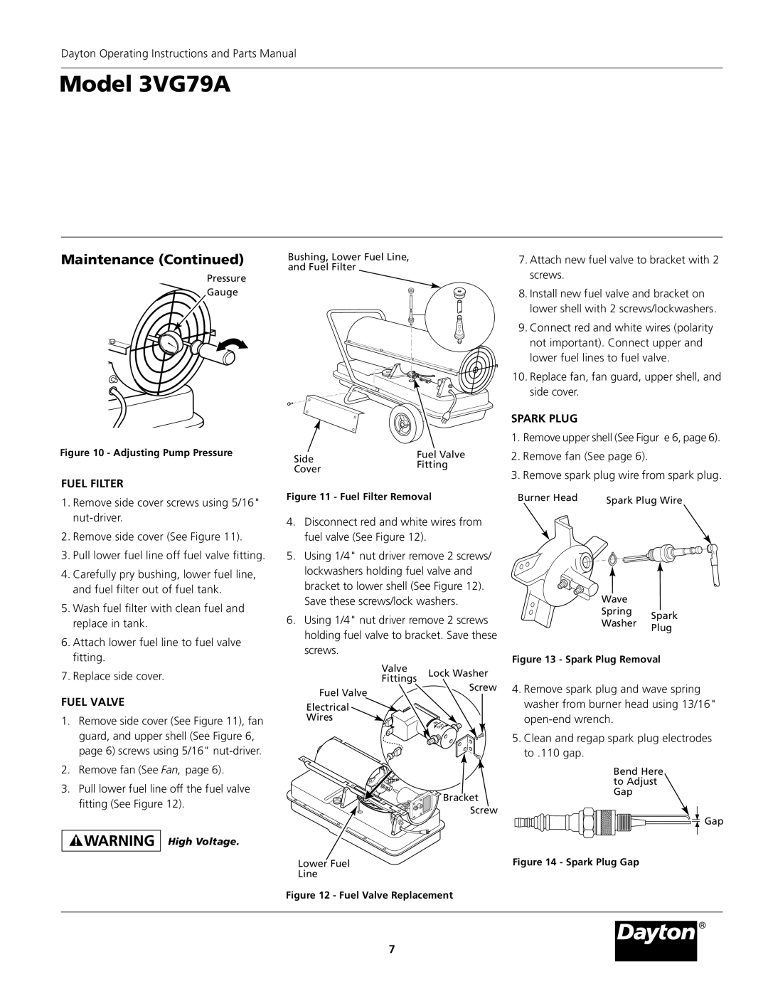 Dayton 3VG79A specifications Fuel Filter, Fuel Valve, Spark Plug 