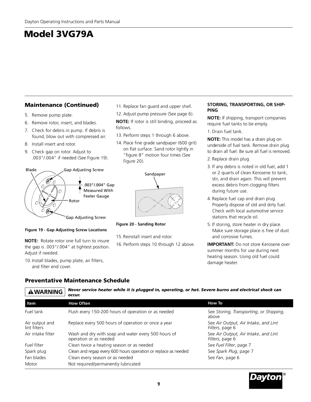 Dayton 3VG79A specifications Preventative Maintenance Schedule, STORING, TRANSPORTING, or SHIP- Ping 