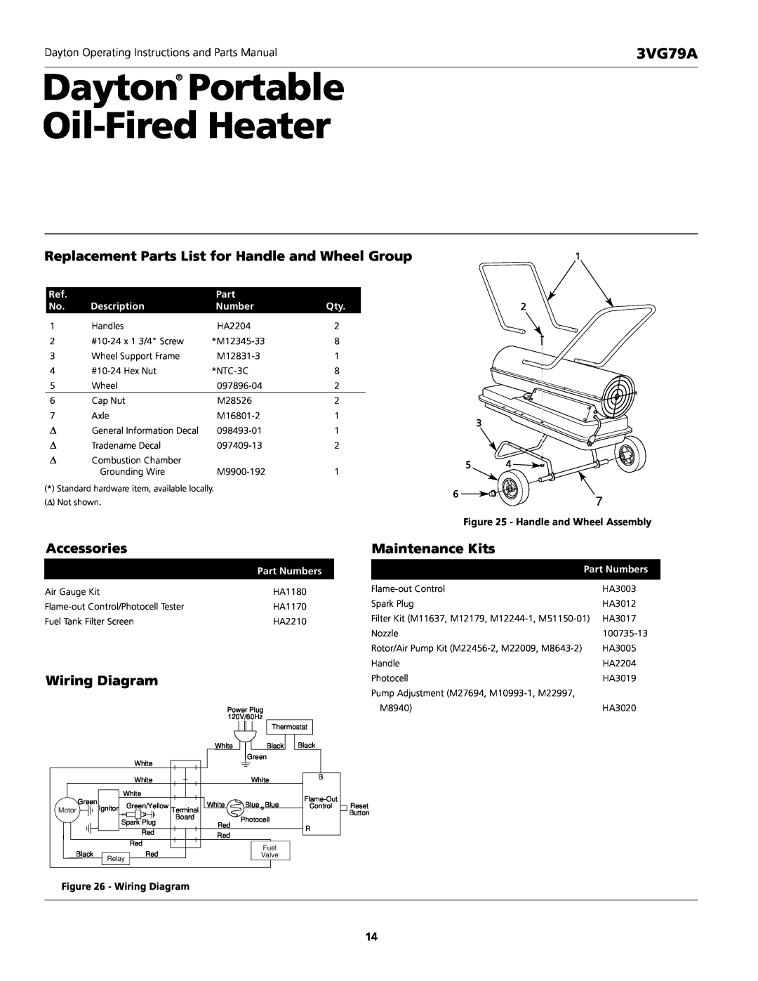 Dayton 3VG79A Dayton Portable Oil-FiredHeater, Replacement Parts List for Handle and Wheel Group, Accessories 