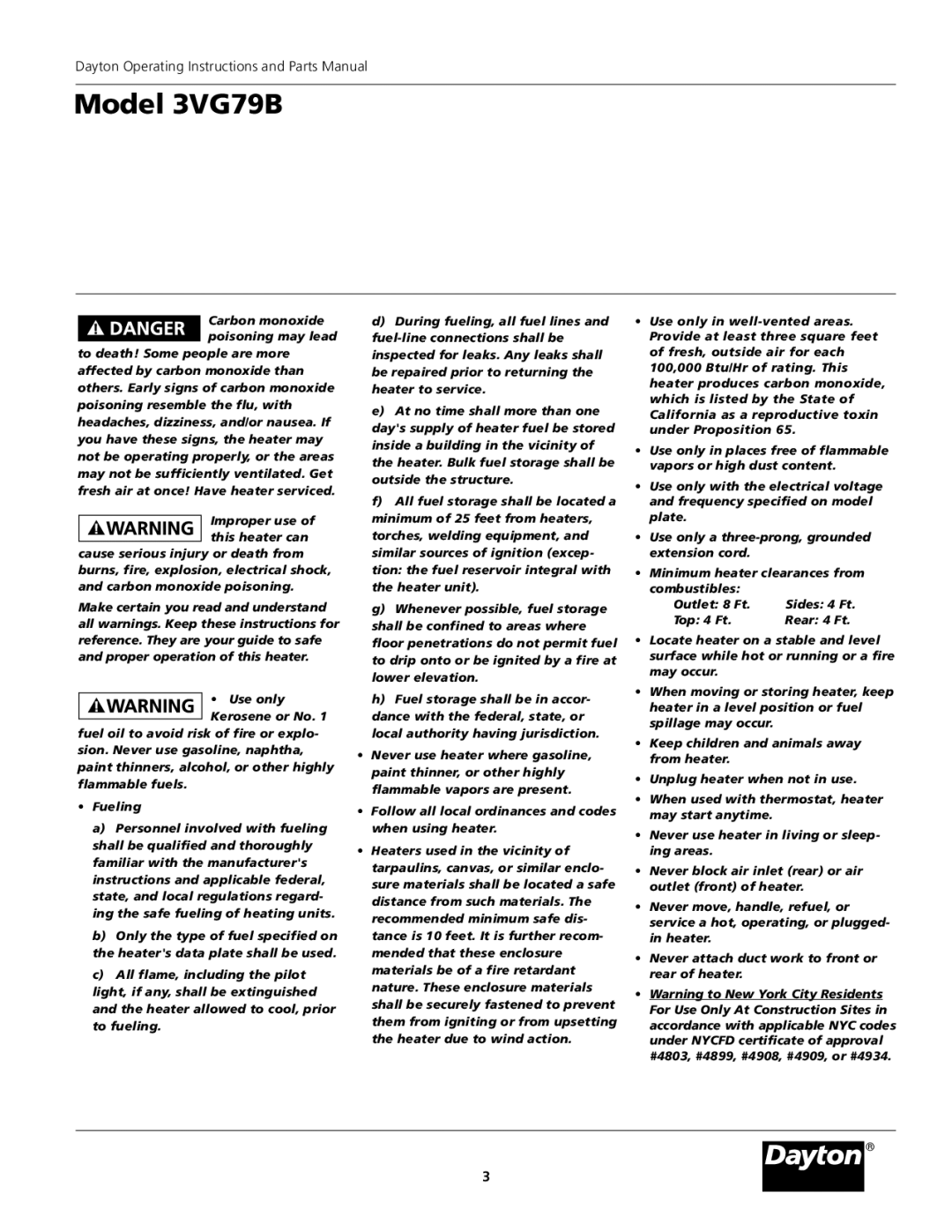 Dayton operating instructions Model 3VG79B 