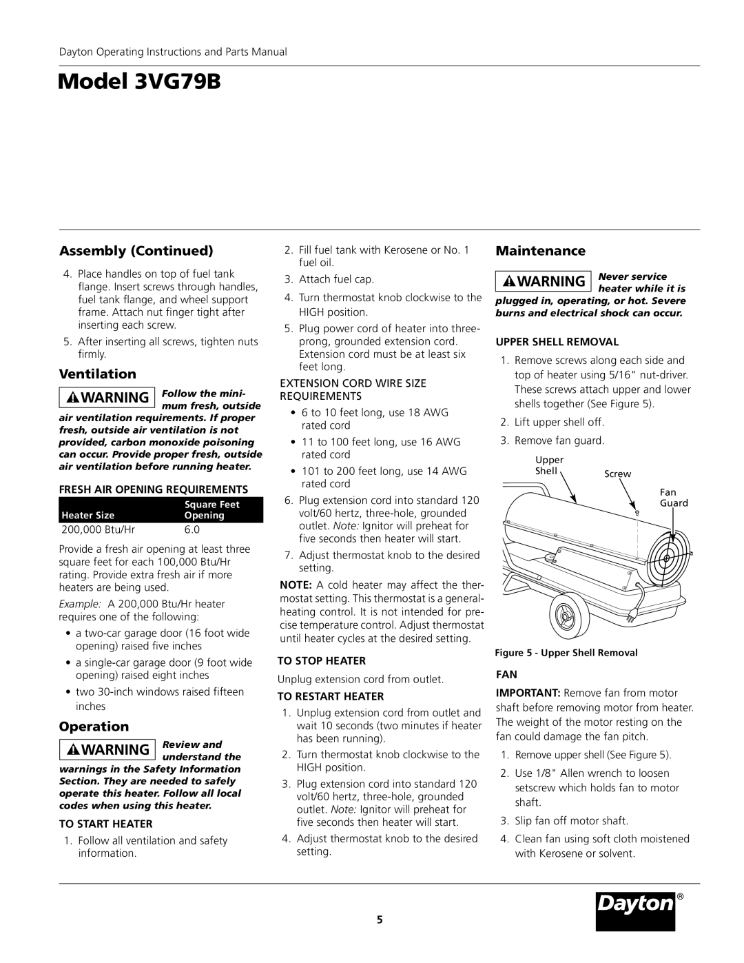 Dayton 3VG79B operating instructions Ventilation, Operation, Maintenance 