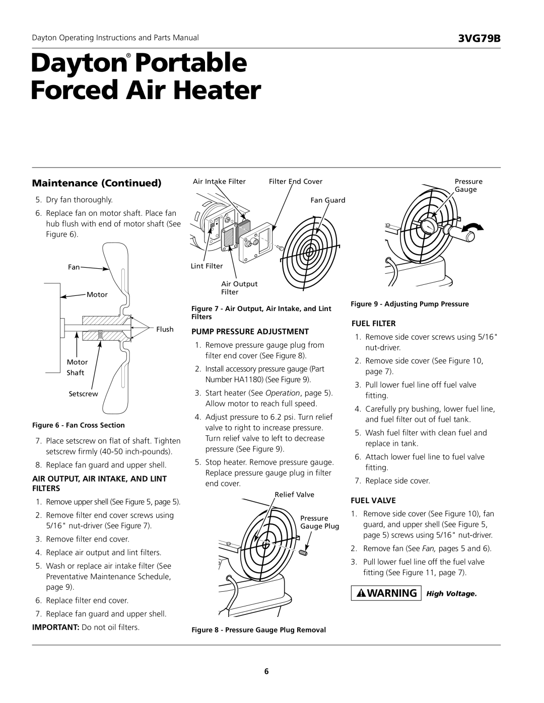 Dayton 3VG79B AIR OUTPUT, AIR INTAKE, and Lint Filters, Pump Pressure Adjustment, Fuel Filter, Fuel Valve 