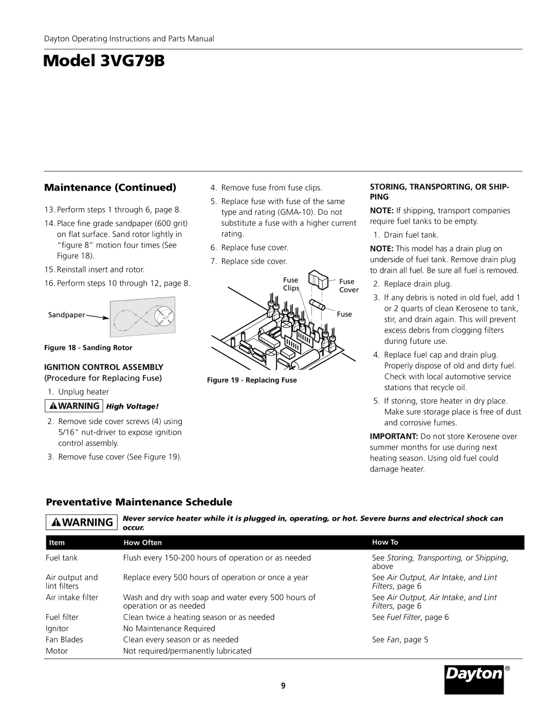 Dayton 3VG79B Preventative Maintenance Schedule, Ignition Control Assembly, STORING, TRANSPORTING, or SHIP- Ping 