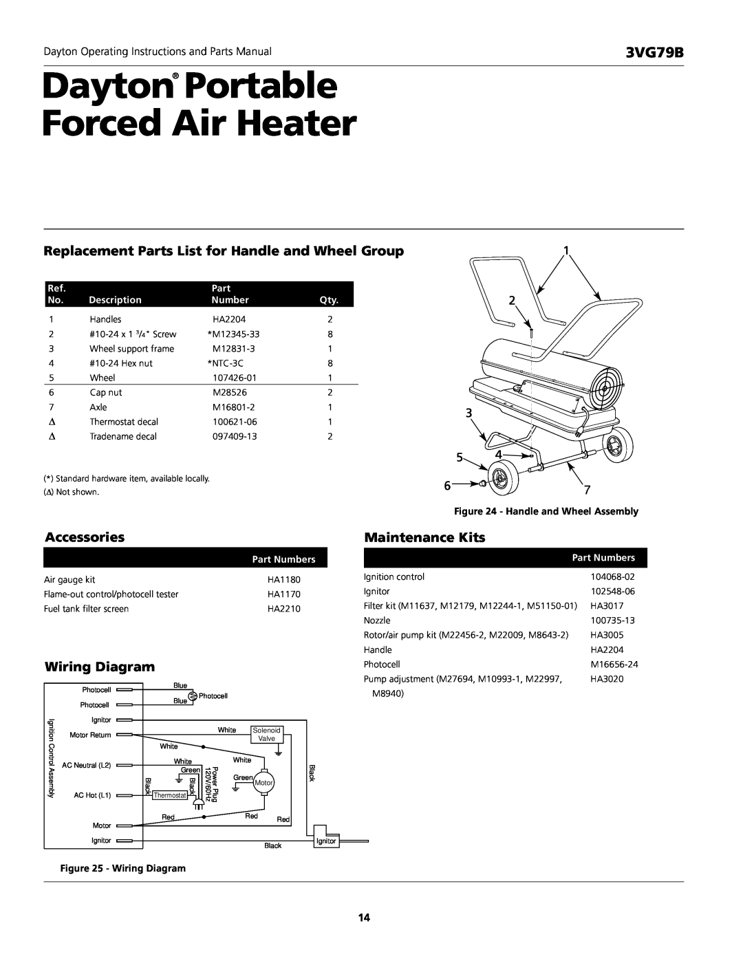 Dayton 3VG79B Dayton Portable Forced Air Heater, Replacement Parts List for Handle and Wheel Group, Accessories 