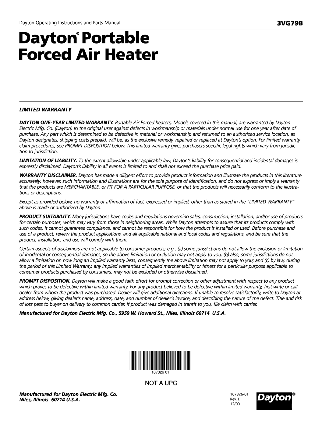 Dayton 3VG79B operating instructions Dayton Portable Forced Air Heater, Not A Upc, Limited Warranty 