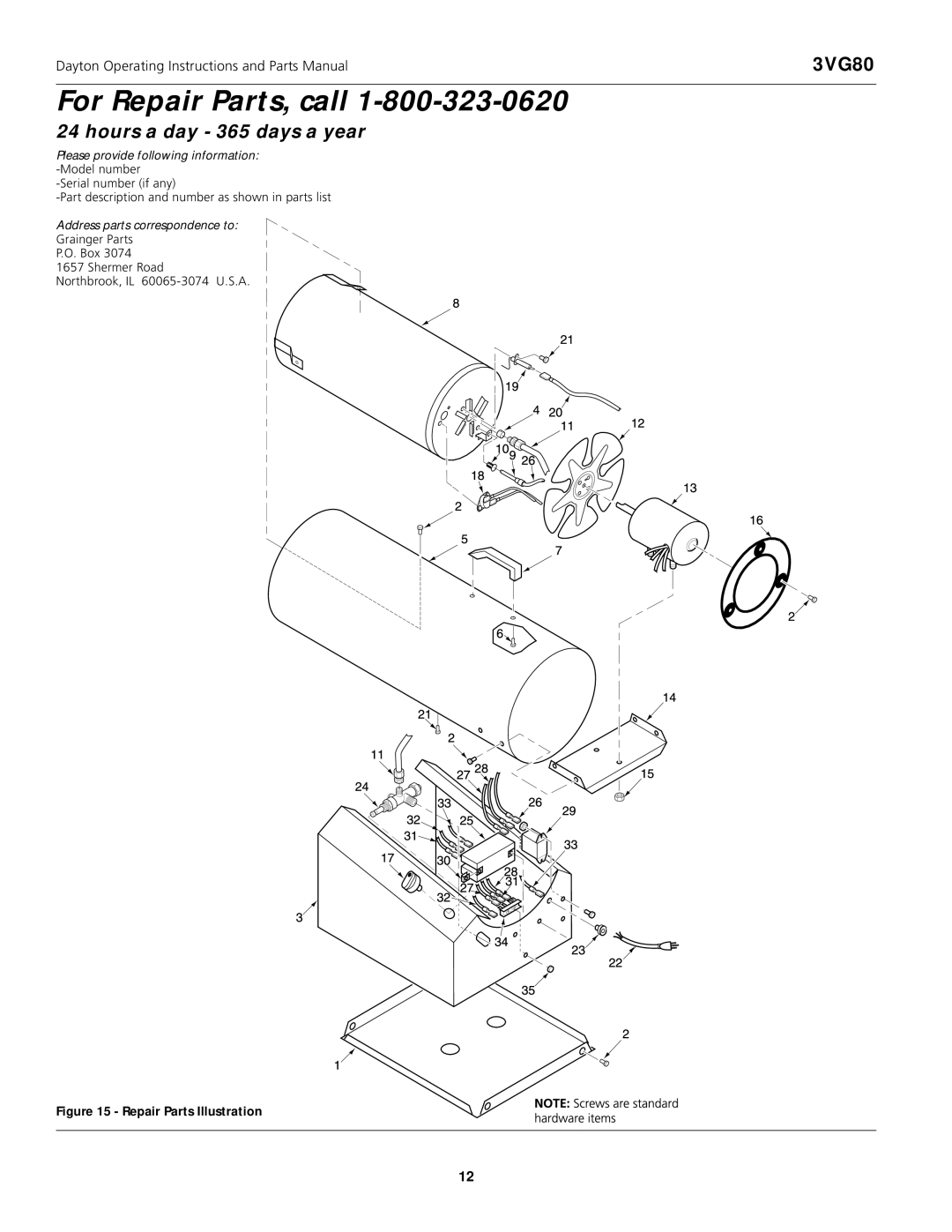 Dayton 3VG80 instruction manual DaytonFor Repair Parts, Propanecall 