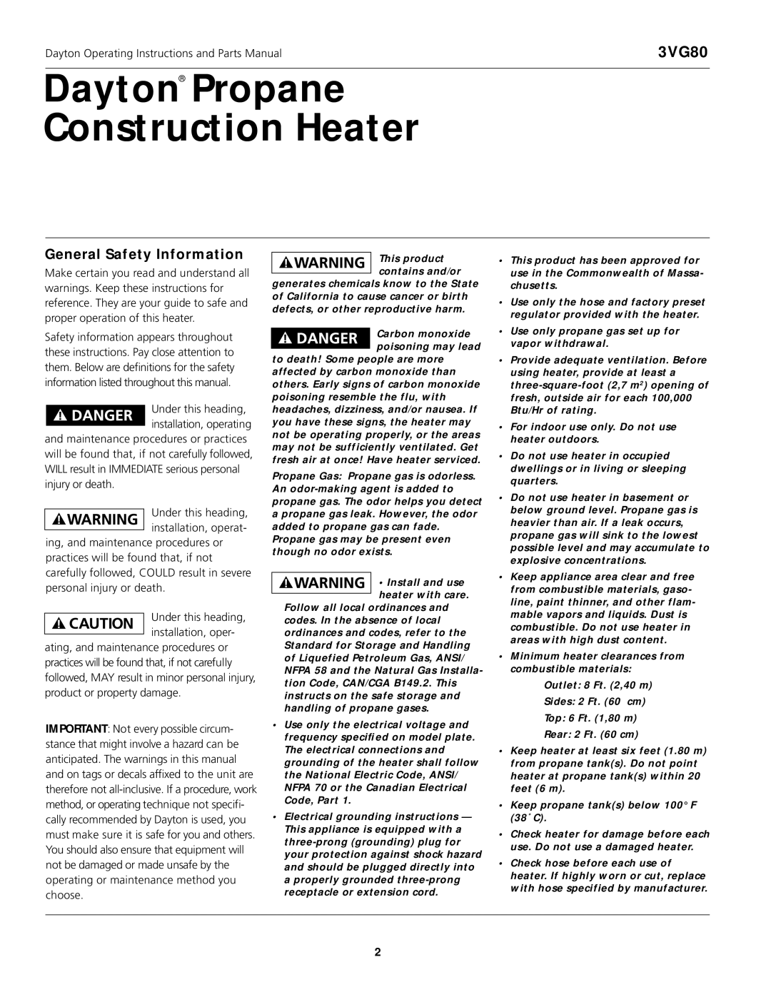 Dayton 3VG80 instruction manual General Safety Information, Dayton Operating Instructions and Parts Manual 