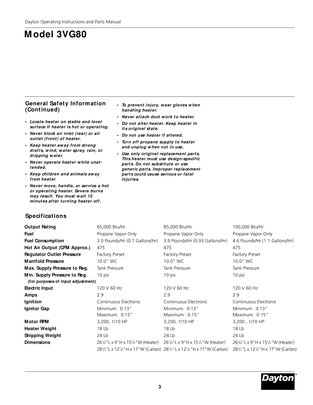 Dayton 3VG80 instruction manual Specifications 