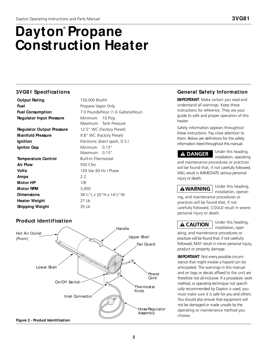 Dayton manual 3VG81 Specifications, Product Identification, General Safety Information 