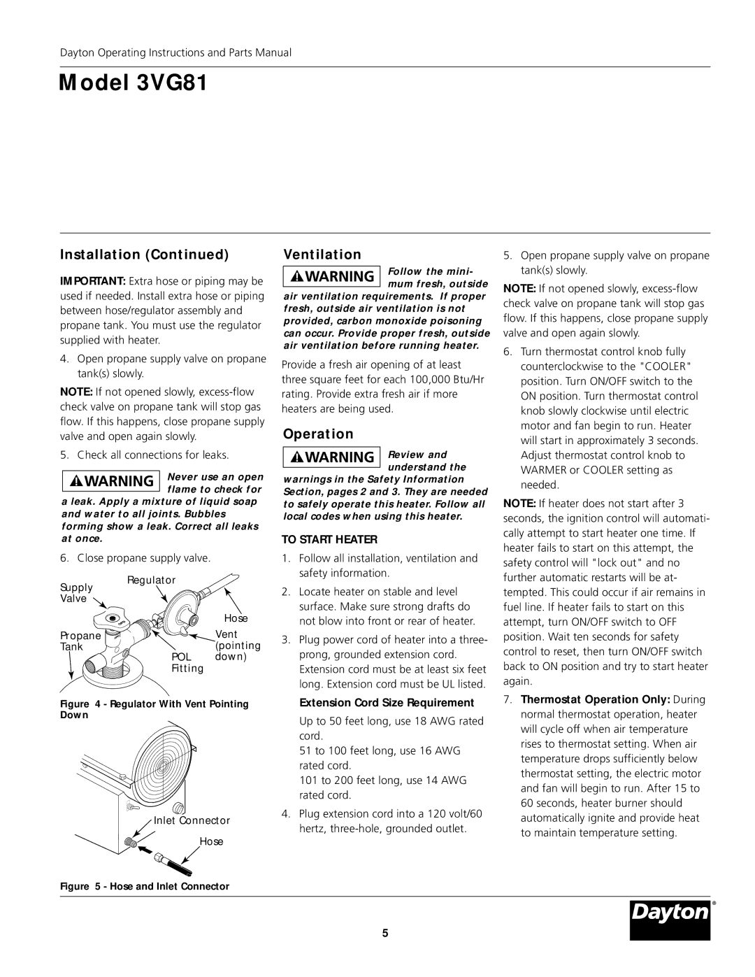 Dayton 3VG81 manual Ventilation, Operation, To Start Heater 