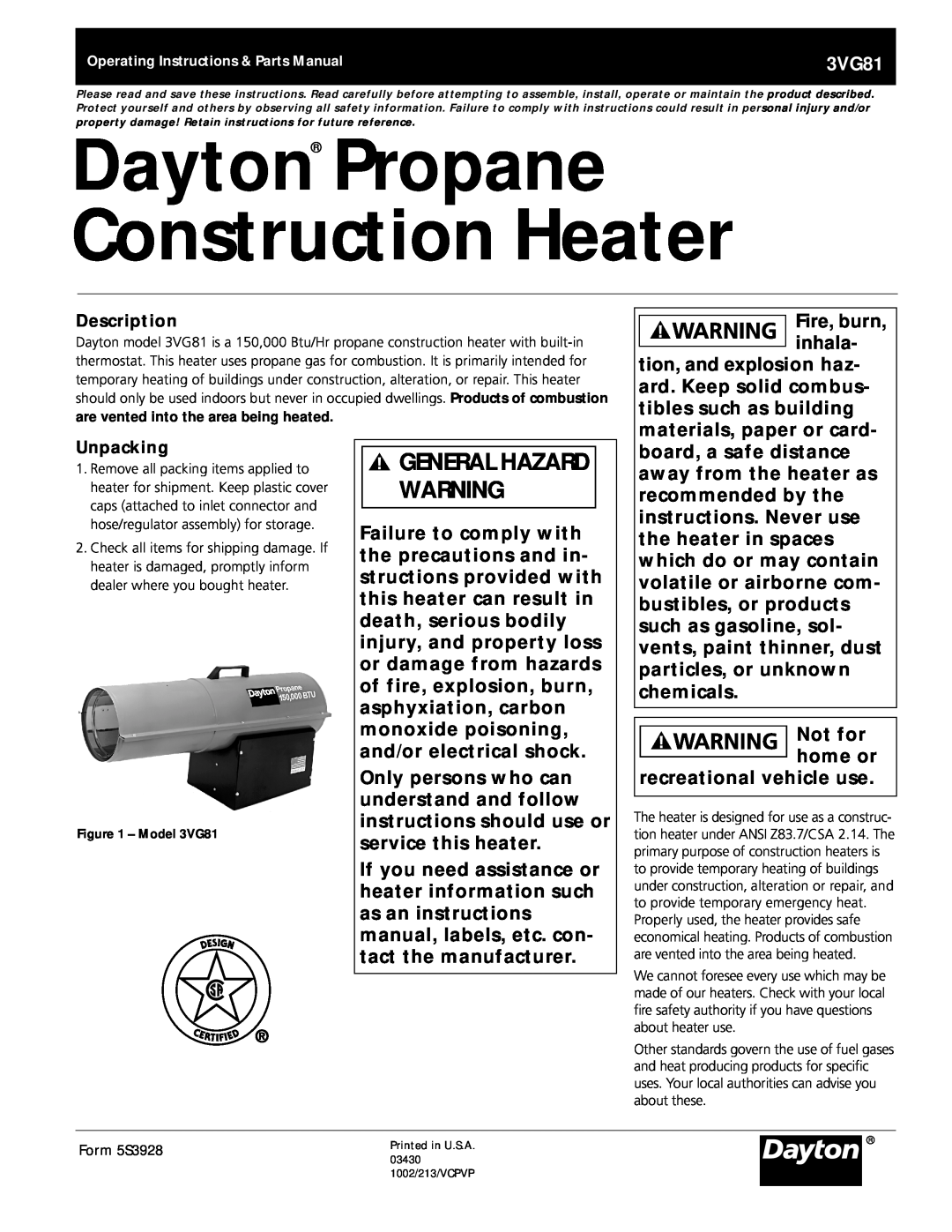 Dayton 3VG81 manual Dayton Propane Construction Heater, General Hazard Warning 