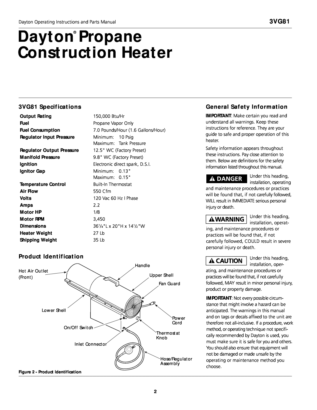 Dayton Dayton Propane Construction Heater, 3VG81 Specifications, Product Identification, General Safety Information 