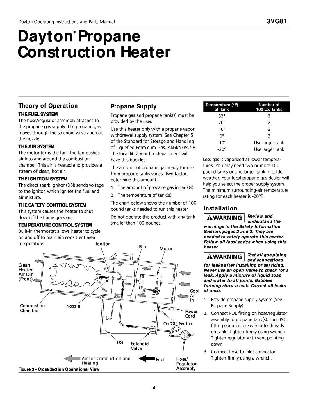 Dayton 3VG81 manual Dayton Propane Construction Heater, Theory of Operation, Propane Supply, Installation, The Fuel System 